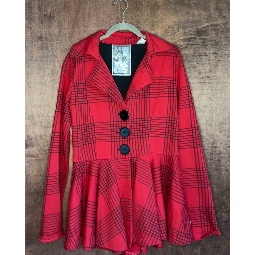 Self Esteem Womens Red Plaid Peplum Jacket Red Black Tartan Blazer Punk Edgy L